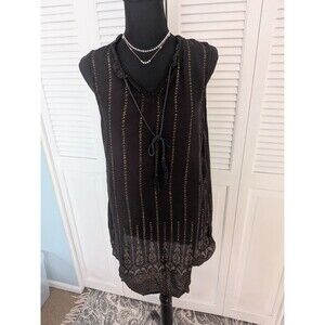 Lapogee Tunic Women 1X/XL Black Gold Block Print Flowy India Boho Minimalist Top